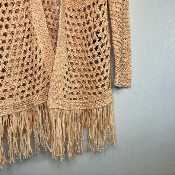 Chicos Sz L Peach Shimmer Boho Longline Fringe Cardigan Open Loose Knit Vacation - Picture 4 of 10